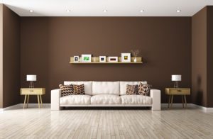 Modern interior of living room with beige sofa shelf side tables 3d rendering
